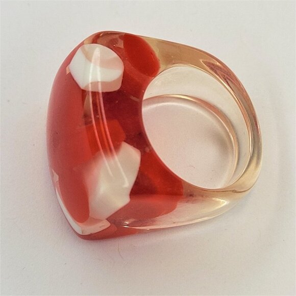 Chunky Square Resin Lucite Ring With Red And White Pill Beads See Through Ring - Picture 10 of 10